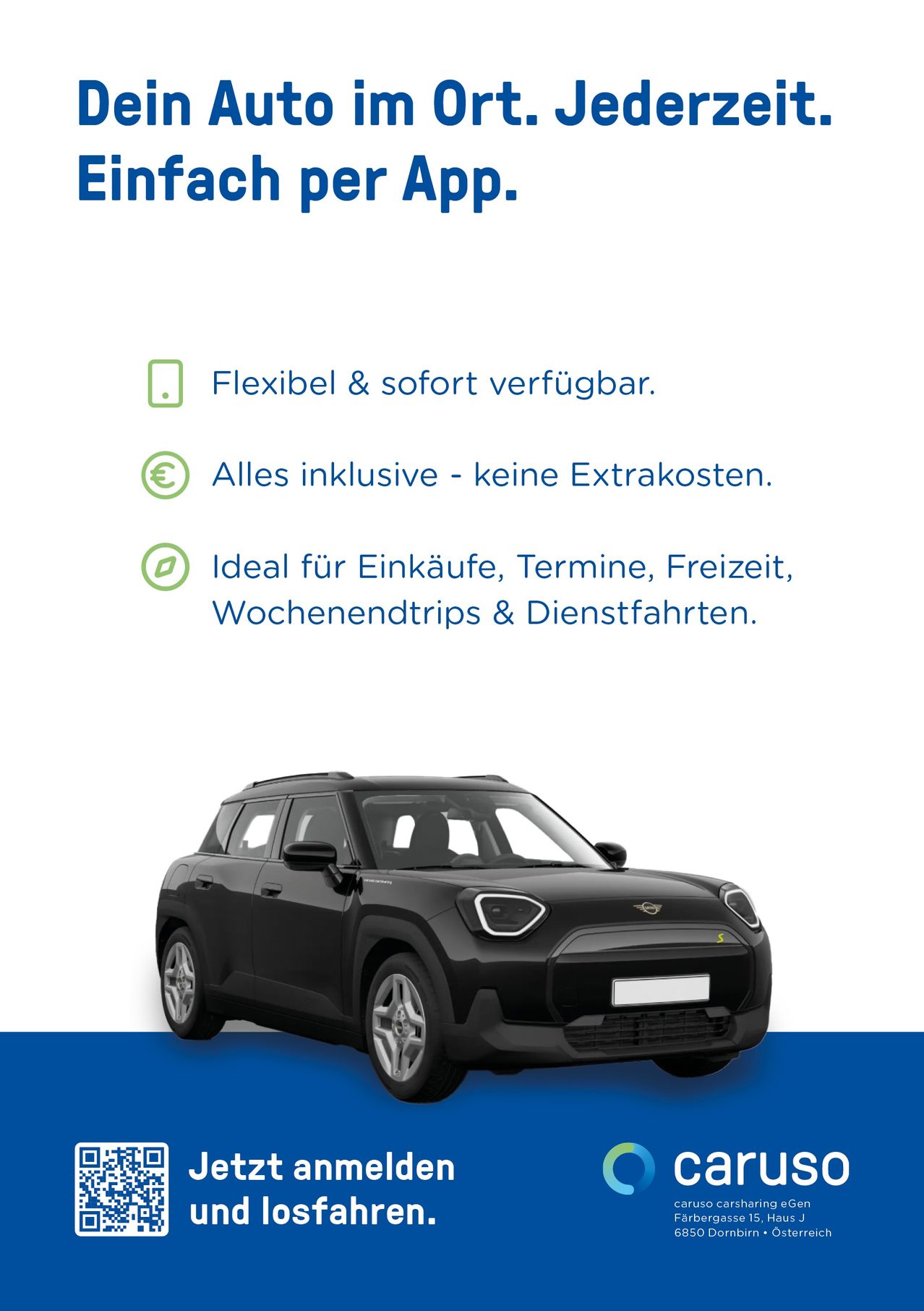 Schwarzer Mini Cooper S auf weißem und blauem Hintergrund. Der Text sagt, dass er flexibel, sofort verfügbar, alles inklusive und ideal für Einkäufe, Termine, Freizeit, Wochenendtrips und Dienstreisen ist.