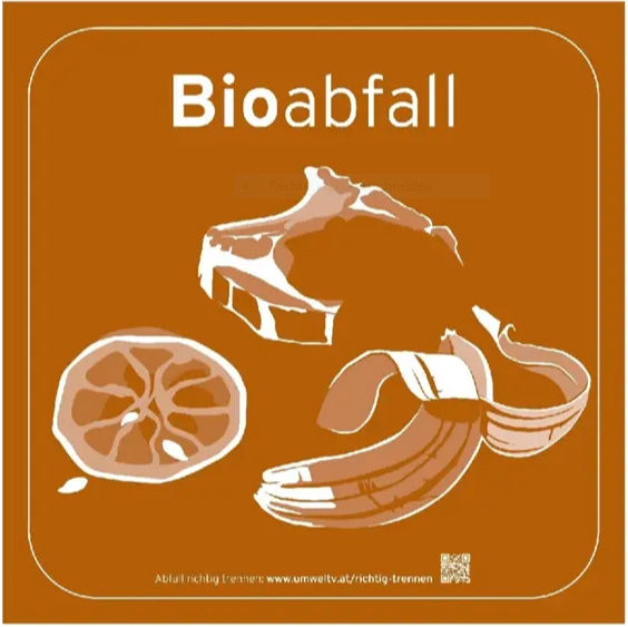 Auf einem orangefarbenen Hintergrund steht der Text 'Bioabfall'. Darunter sind Abbildungen von Lebensmittelabfällen wie eine geschälte Orange und Bananenschalen zu sehen. Unten sind eine Website und ein QR-Code abgebildet.