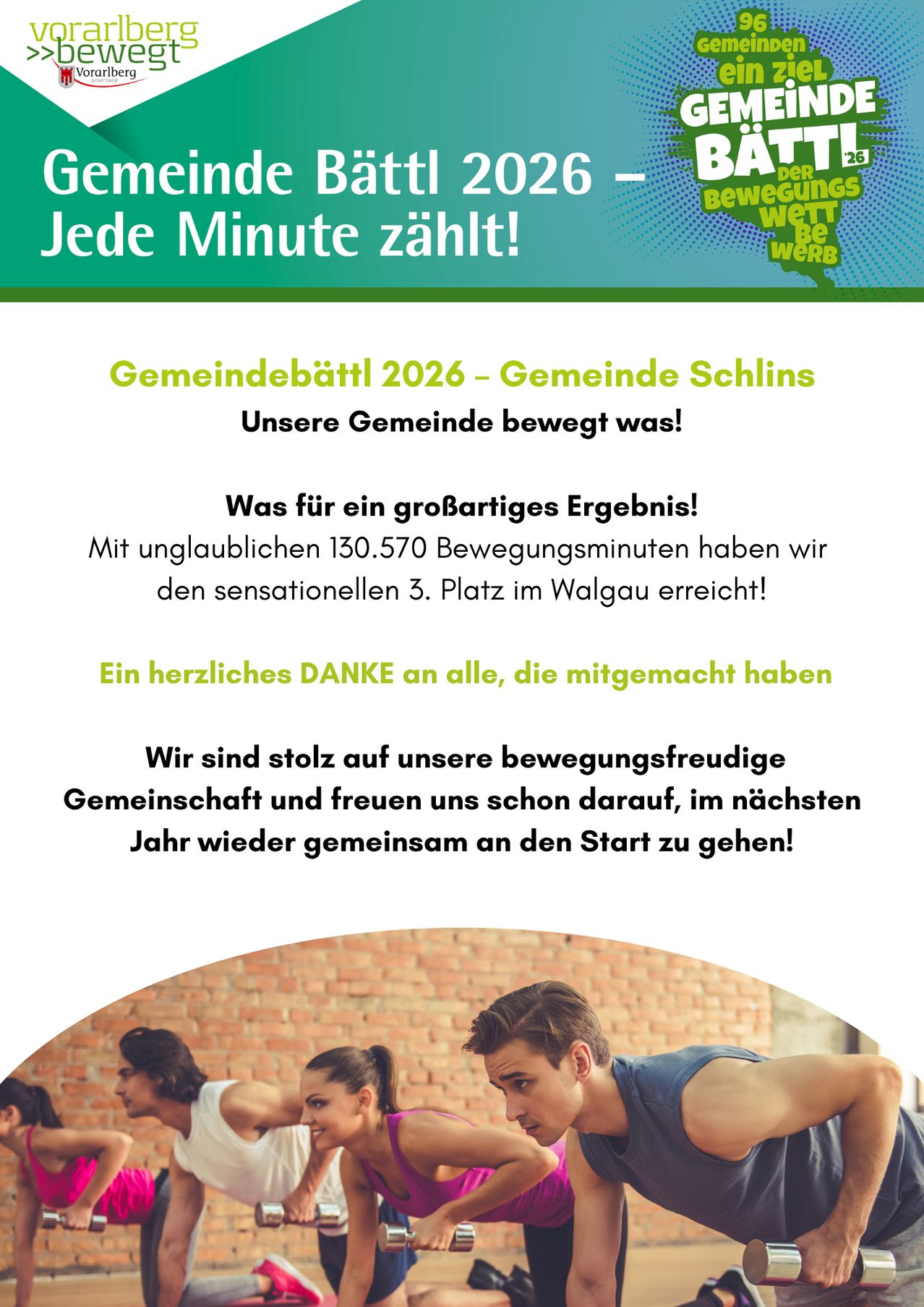 Plakat für die Gemeindeveranstaltung 2026 in Schlins, die die Errungenschaft der Gemeinde von 130.570 Bewegungsminuten und den 3. Platz im Walgau hervorhebt. Das Plakat enthält einen herzlichen Dank an alle Teilnehmer.