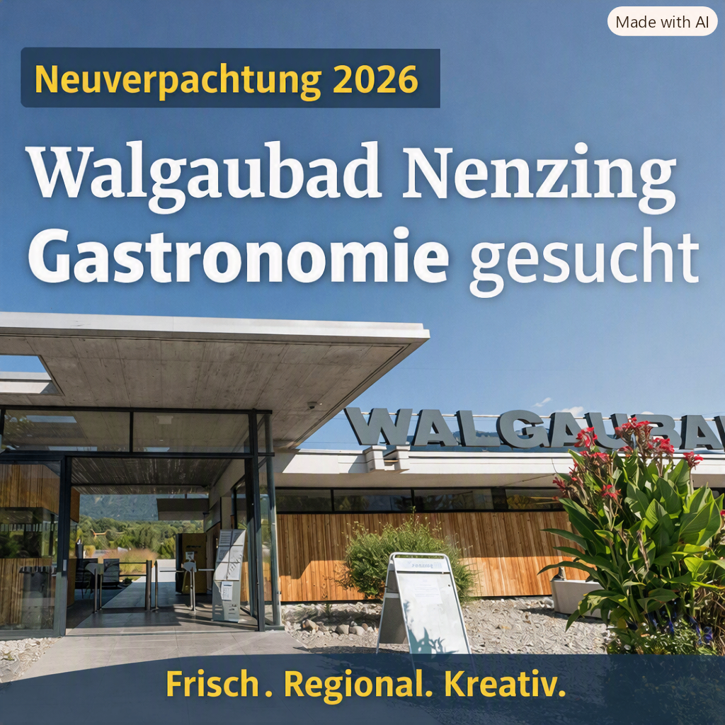 Werbung für Walgaubad Nenzing, zeigt einen modernen Gebäudeeingang mit klarem blauem Himmel und Bergen im Hintergrund. Der Text betont die Suche nach Gastronomie.