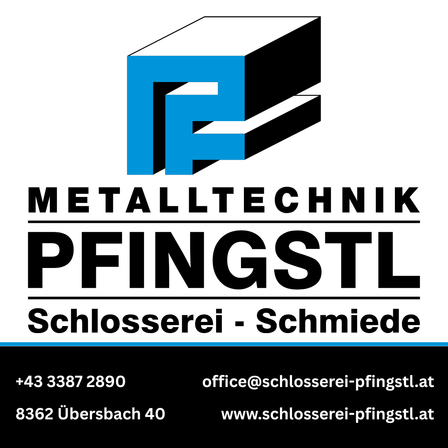 Logo für Metalltechnik Pfingstl, ein Schlosserei- und Schmiedeunternehmen. Kontaktnummer +43 3387 2890, E-Mail office@schlosserei-pfingstl.at und Website www.schlosserei-pfingstl.at. Adresse: 8362 Übersbach 40.