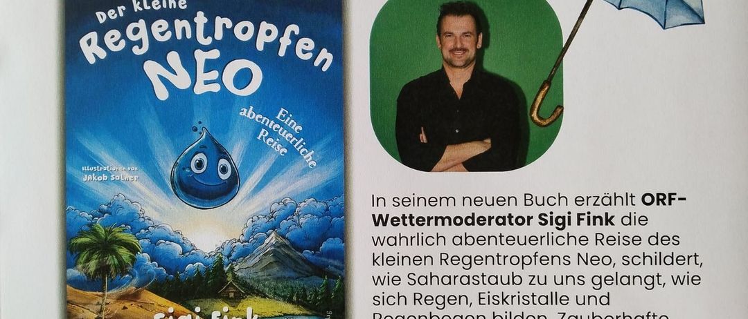 Plakat für die Lesung von Sigi Finks Buch. Zeigt eine Illustration eines Regentropfens, das Buchcover und ein Bild von Sigi Fink. Veranstaltungsdetails umfassen Datum, Ort und Ticketpreis. Enthält auch Kontaktinformationen für die Anmeldung.