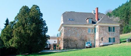 Ein großes Steinhaus mit grauem Dach und Schornstein ist von Bäumen umgeben. Ein blaues Auto ist vor dem Haus geparkt. Es steht auf einem Hügel mit saftigem grünem Gras.