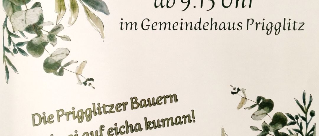 Ein Plakat für ein Bauernfrühstück am 23. November 2025 um 9:15 Uhr im Gemeindehaus Prigglitz. Das Design beinhaltet eine Kuh und grüne Blätter.