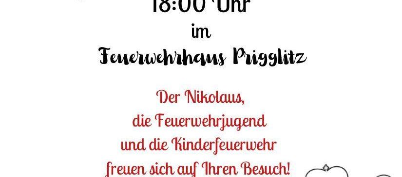 Ein Plakat für Krampusrummel am 6. Dezember 2025 um 18:00. Es ist im Prigglitzer Feuerwehrhaus. Nikolaus, Feuerwehrjugend und Kinderfeuerwehr heißen Sie willkommen. Es gibt Essen und Getränke.