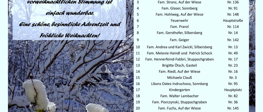 Verschneite Bäume mit einem weißen Textüberlager auf der linken Seite. Eine Tabelle mit einer Liste von Familien und Orten auf der rechten Seite. Der Hintergrund ist blau mit einem winterlichen Gefühl.