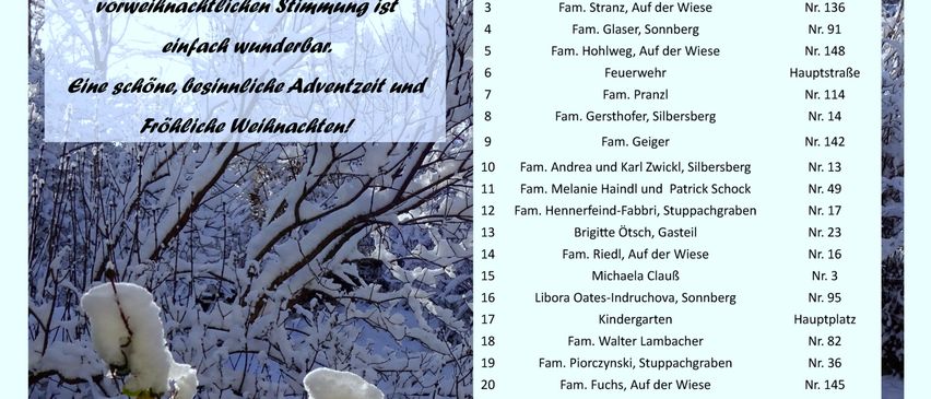 Verschneite Bäume mit einem weißen Textüberlager auf der linken Seite. Eine Tabelle mit einer Liste von Familien und Orten auf der rechten Seite. Der Hintergrund ist blau mit einem winterlichen Gefühl.