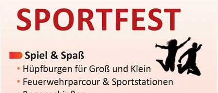 Plakat für Prigglitzer Sportfest mit Aktivitäten wie Hüpfburgen, Hindernisparcours, Bogenschießen und Fahrradreparaturen. Veranstaltung findet am 31. Mai von 10-18 Uhr auf dem Sportplatz statt.