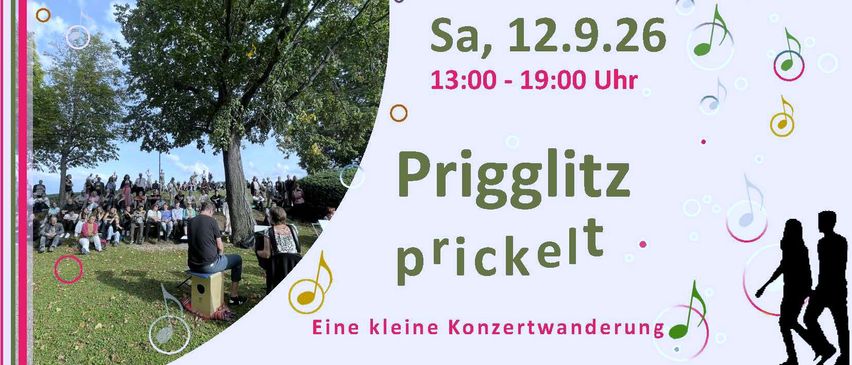 Plakat für Prigglitz prickelt Veranstaltung am 12. September von 13:00 bis 19:00 Uhr, mit einer Baum- und Parkszene.