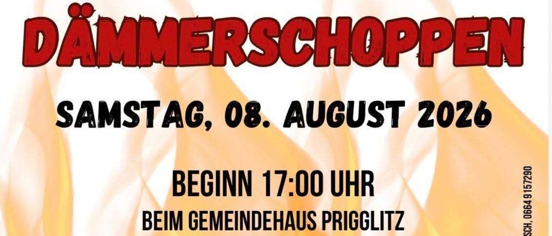 Plakat für die Dämmerschoppen-Veranstaltung am 8. August 2026 mit Flammenhintergrund, Musikauftritt und Grillwettbewerb.