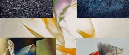A collage of six abstract paintings, featuring textures, colors, and shapes. The top left is a black texture, top right is a blue night sky, middle left is a blue and orange abstract, middle right is a yellow and green abstract, bottom left is a blue and white abstract, bottom right is a red and blue abstract.