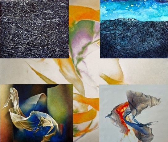 Eine Collage aus sechs abstrakten Gemälden mit Texturen, Farben und Formen. Oben links ist eine schwarze Textur, oben rechts ein blauer Nachthimmel, mitte links ein blaues und oranges Abstrakt, mitte rechts ein gelbes und grünes Abstrakt, unten links ein blaues und weißes Abstrakt, unten rechts ein rotes und blaues Abstrakt.
