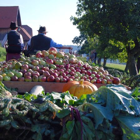 Zwei Männer sitzen in einem mit Äpfeln gefüllten Wagen, umgeben von Bäumen und Gemüse. Im Hintergrund sind Menschen und ein Haus zu sehen.