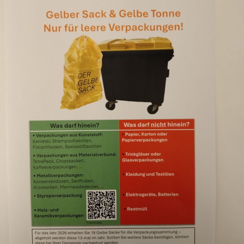 Ein Plakat mit einem gelben Beutel mit der Aufschrift 'Der Gelbe Sack' und einem gelben Behälter. Listet erlaubte und nicht erlaubte Gegenstände im gelben Sack auf. Erlaubte Gegenstände umfassen Plastik, Metall und Papier. Nicht erlaubt: Papier, Karton, Glas, Kleidung, Elektronik und Abfall.