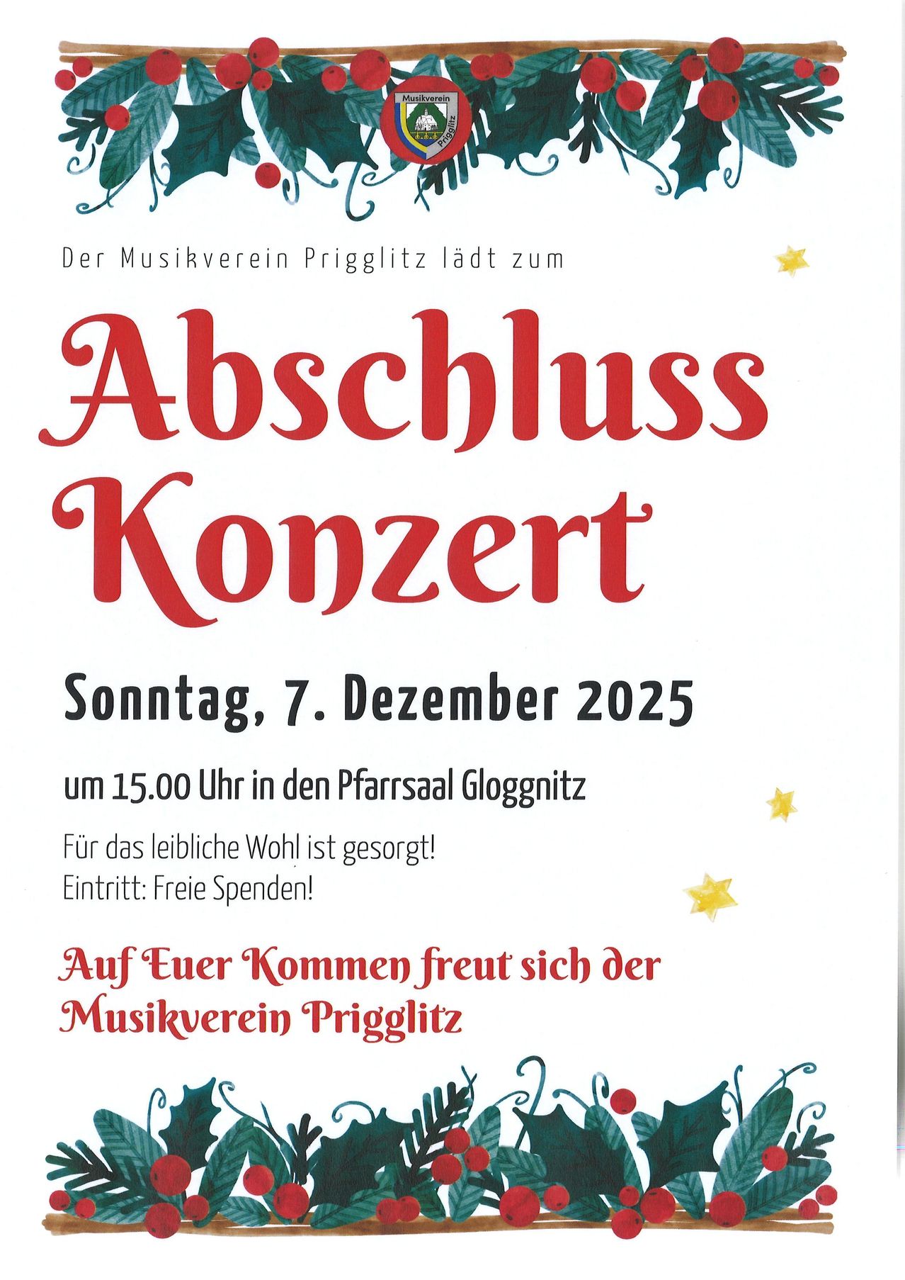 Plakat für ein Abschlusskonzert des Musikvereins Prigglitz am 7. Dezember 2025 um 15.00 Uhr in Glognitz. Eintritt frei.