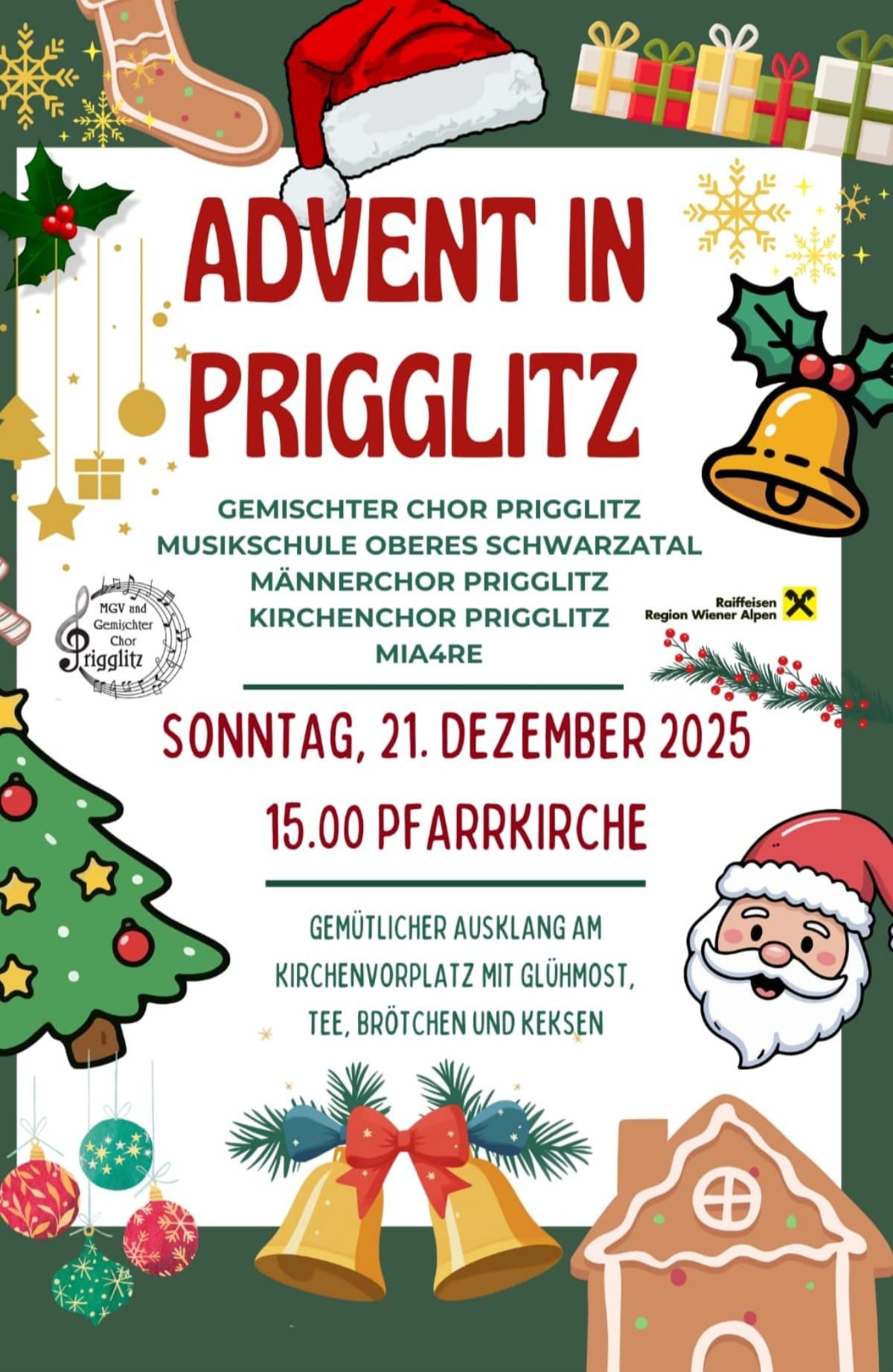 Adventsveranstaltung in Prigglitz. Gemischter Chor, Musikschule, Männerchor, Kirchenchor. Sonntag, 21. Dezember 2025, 15:00 Uhr. Genießen Sie Erfrischungen auf dem Kirchplatz.