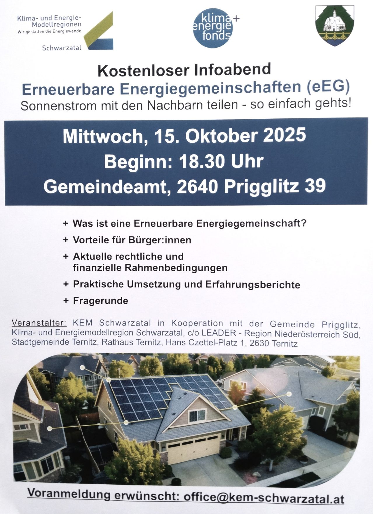 Plakat für eine Veranstaltung über erneuerbare Energiegenossenschaften am 15. Oktober 2025, Beginn um 18:30 im Prigglitz Gemeindeamt. Themen sind: Was sind erneuerbare Energiegenossenschaften, Vorteile für Bürger, rechtliche und finanzielle Rahmenbedingungen, praktische Umsetzung und Erfahrungen. Veranstaltet von KEM Schwarzatal in Kooperation mit der Gemeinde Prigglitz.