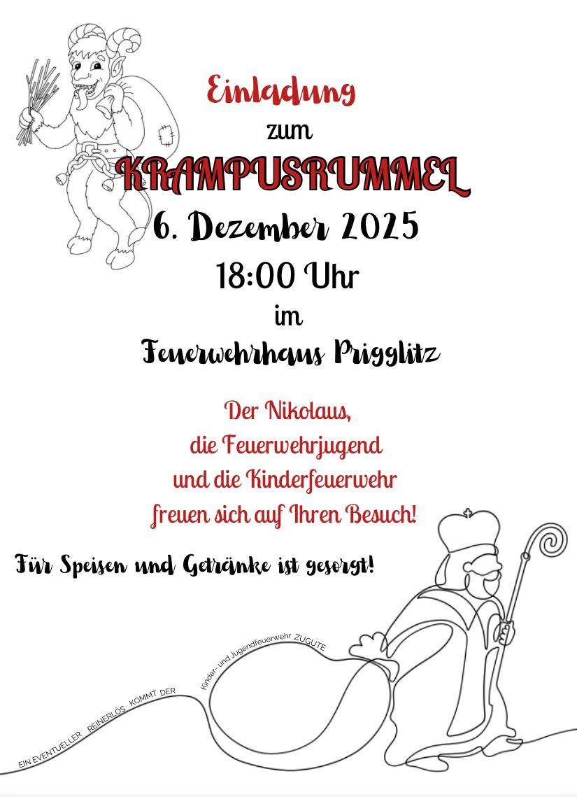Plakat für Krampuslauf am 6. Dezember 2025 um 18:00 Uhr in der Feuerwehr Prigglitz. Es gibt Essen und Getränke.