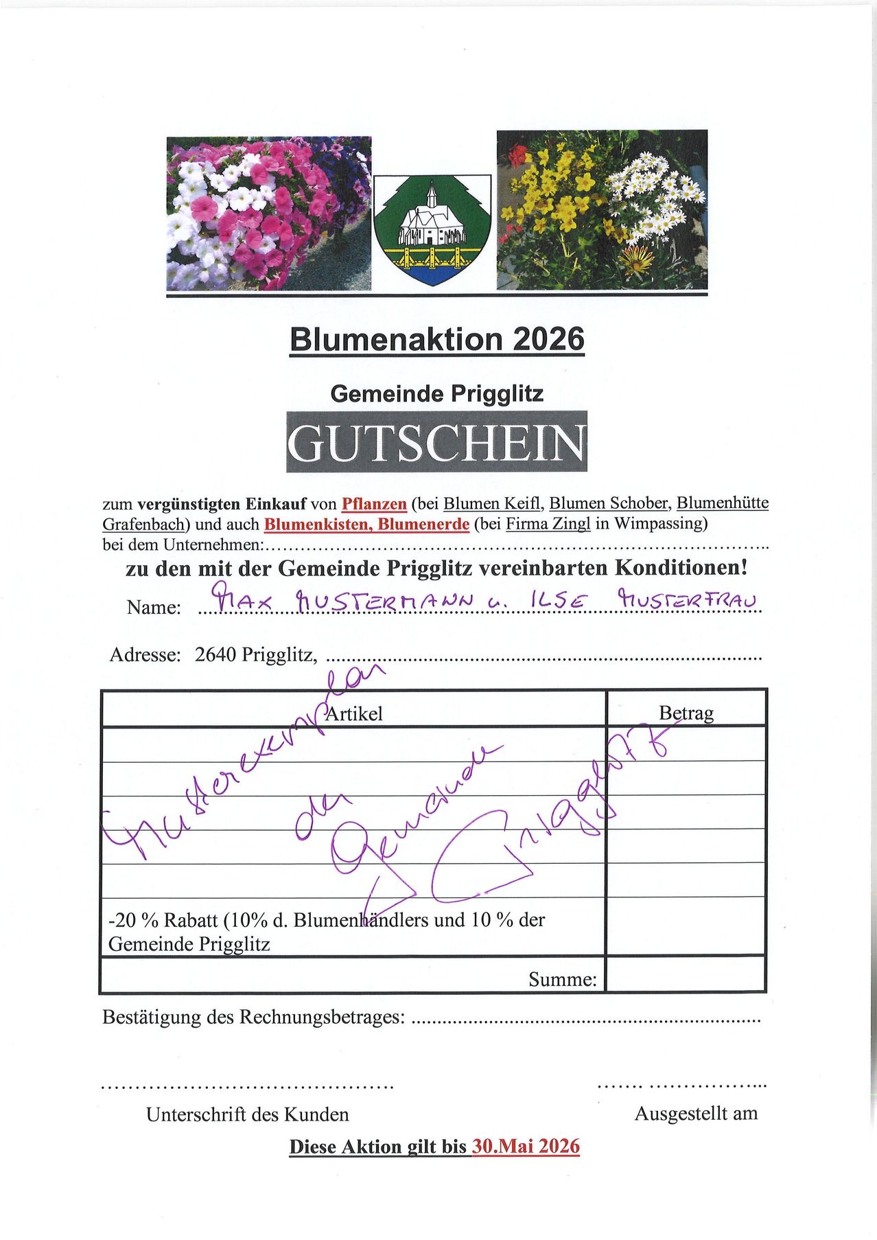 Gutschein für den Blumenkauf bei Gemeinde Prigglitz. Empfänger: Max Hustermann. Adresse: 2640 Prigglitz. Rabatt: 20% (10% von Blumenhändlern und 10% von der Gemeinde).
