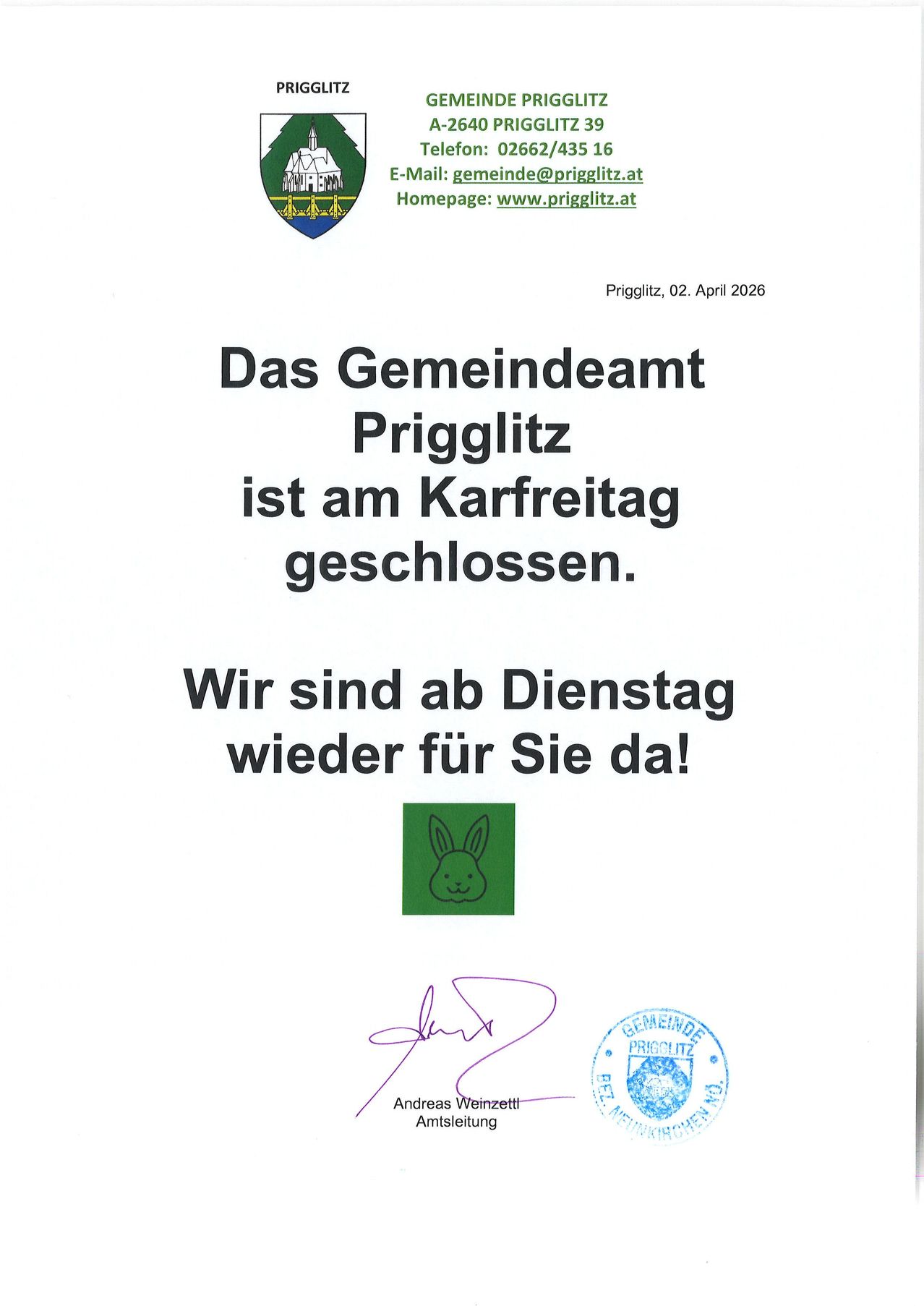 Amtliche Bekanntmachung des Gemeindeamtes Prigglitz vom 2. April 2026 informiert, dass das Amt am Karfreitag geschlossen bleibt. Es öffnet wieder am Dienstag. Die Bekanntmachung enthält ein Kaninchen-Logo und eine Unterschrift.