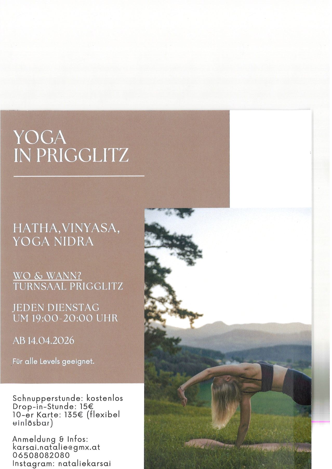 Yoga in Prigglitz bietet Hatha, Vinyasa und Yoga Nidra. Kurse jeden Dienstag von 19:00-20:00 im Turnsaal Prigglitz, ab 14.04.2026. Für alle Niveaus geeignet.