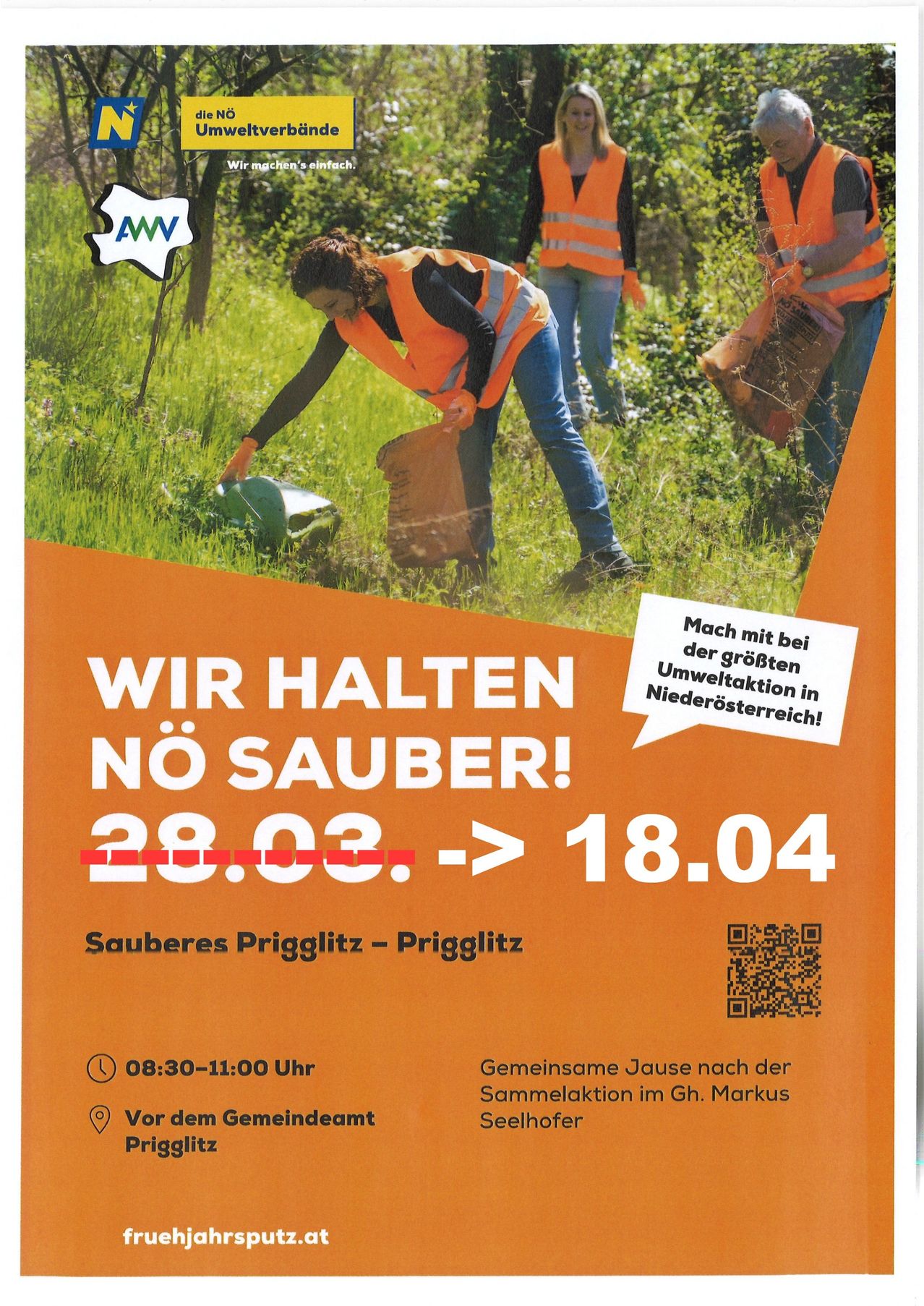 Plakat für eine Reinigungsaktion in Prigglitz. Es zeigt Menschen in orangenen Westen, die Müll aufsammeln. Das Datum ist vom 28. März bis 18. April. QR-Code für weitere Informationen.