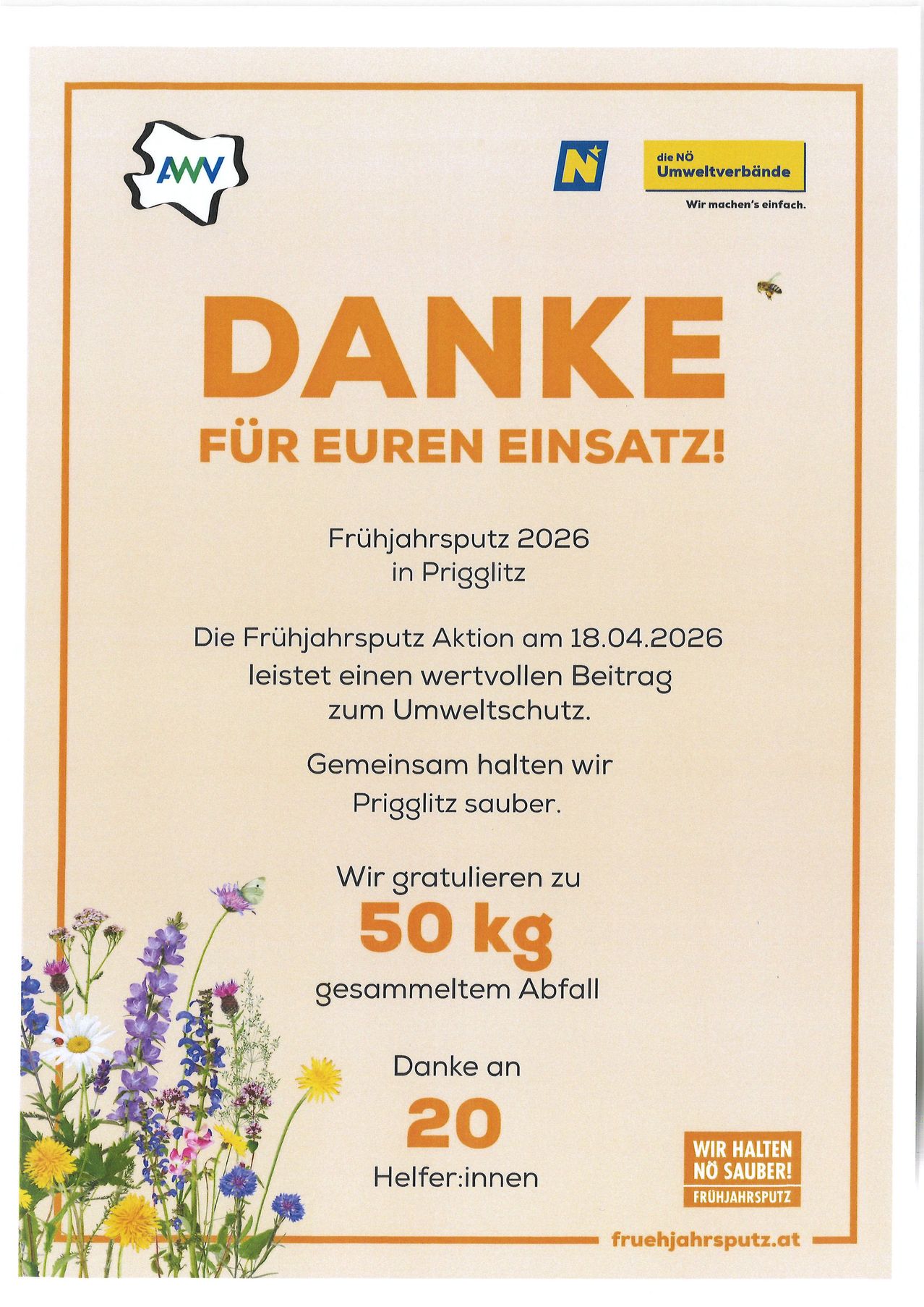 Plakat für Frühjahrsputzaktion in Prigglitz am 18.04.2026. Es dankt den Teilnehmern für ihren Einsatz und hebt 50 kg gesammelten Abfall hervor. Es betont die Bedeutung des Umweltschutzes.