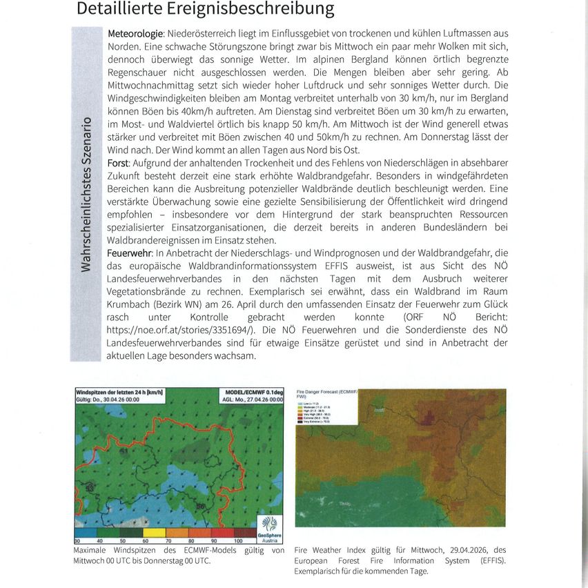 Das Dokument präsentiert eine detaillierte Wettervorhersage mit einer Karte, die Windgeschwindigkeitsvorhersagen für mehrere Tage zeigt. Die Vorhersage zeigt Windgeschwindigkeiten von bis zu 40 km/h in der Nordregion, die auf 50 km/h in den Alpen und bis zu 60 km/h im Osten ansteigen. Die Karte enthält auch Feuerwetterindizes und Brandgefahrenstufen für die kommenden Tage.