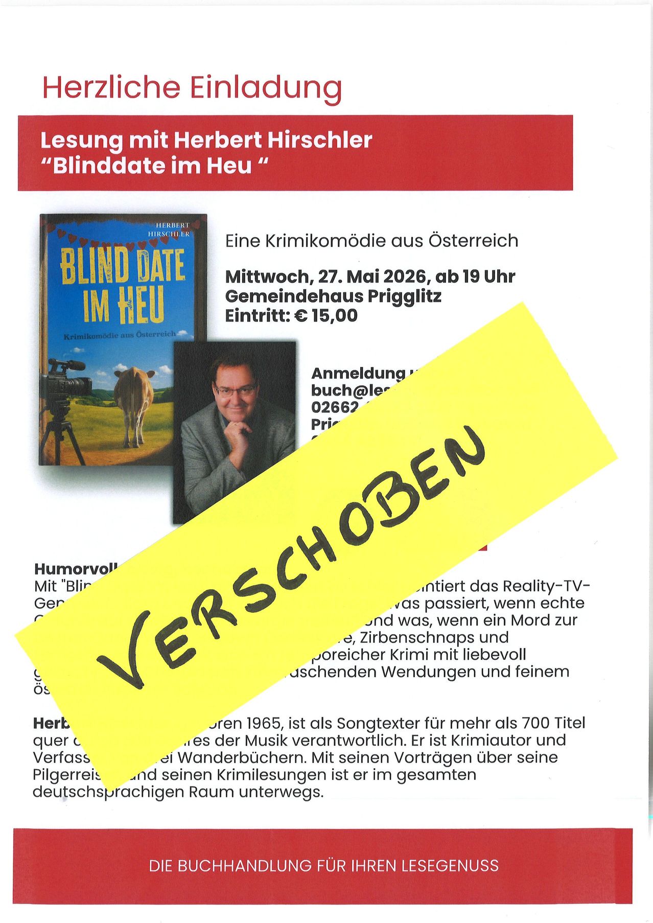 Ein Plakat für eine Lesung von Herbert Hirschler. Das Event findet am 27. Mai 2026 um 19:00 in Prigglitz statt. Das Buch heißt 'Blind Date im Heu'.