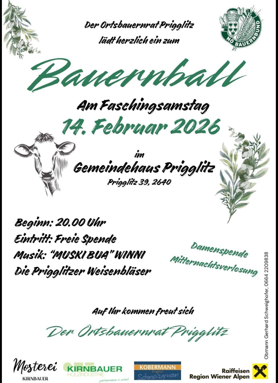 Farmers' Ball poster, 14th February 2026, Priglittz. Entry free, music by 'Muski Bua', midnight loss.