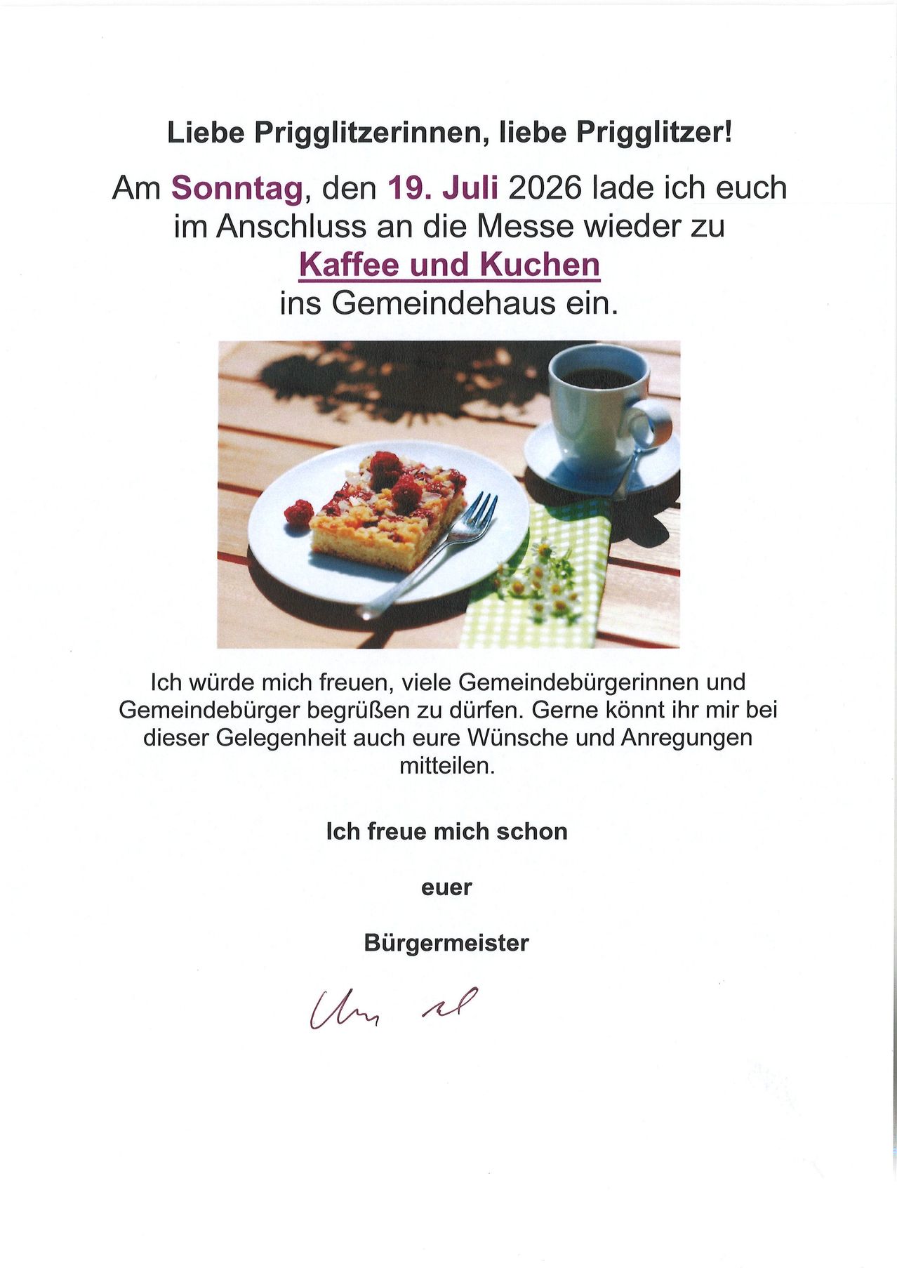 Eine Einladung für Kaffee und Kuchen im Gemeindehaus am 19. Juli 2020, mit einem Teller mit Dessert und einer Tasse Kaffee auf einer Untertasse.