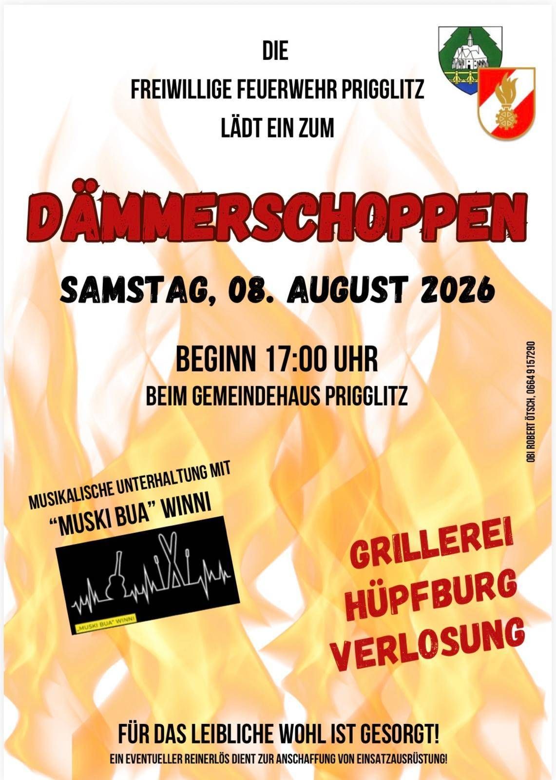 Plakat für Dämmerschoppen-Veranstaltung am 8. August 2026 mit feuerartigem Hintergrund, Beginn um 17:00 Uhr und musikalischer Unterhaltung mit 'Muski Bua'.