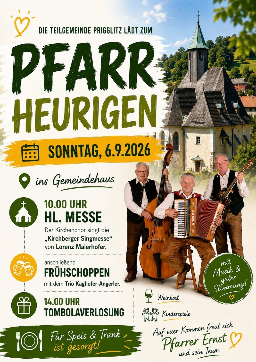Plakat für das Pfarr Heurigen-Event am Sonntag, 6. September 2026, mit drei Musikern in traditioneller Kleidung und Instrumenten, vor dem Hintergrund einer Kirche und eines Dorfes.