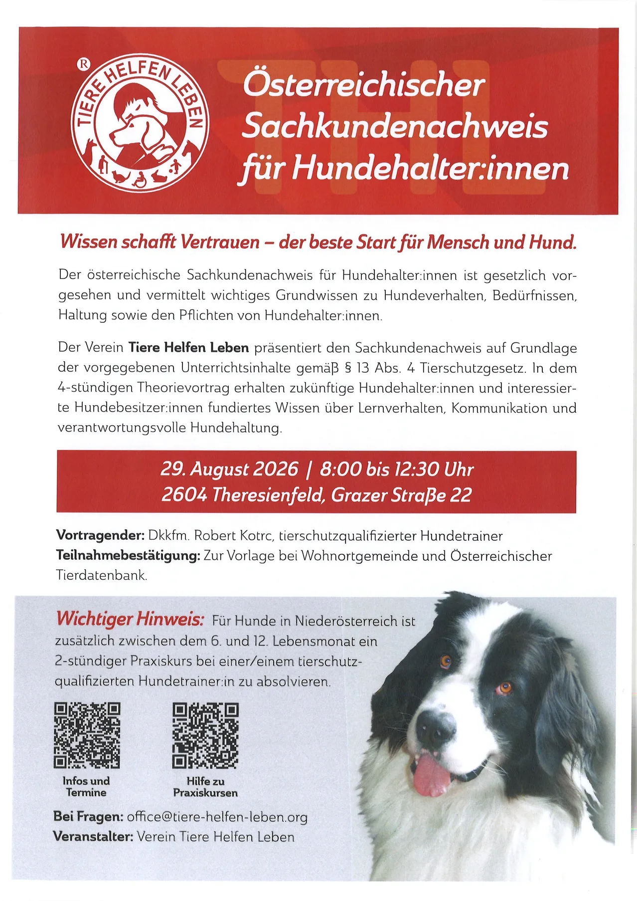 Ein Flyer für einen Sachkundenachweis für Hundehalter in Österreich. Es enthält Details zum Kurs, Datum, Uhrzeit und Ort. Es wird auch auf die Bedeutung des Hundetrainings und die Notwendigkeit eines 2-stündigen Praxiskurses hingewiesen.