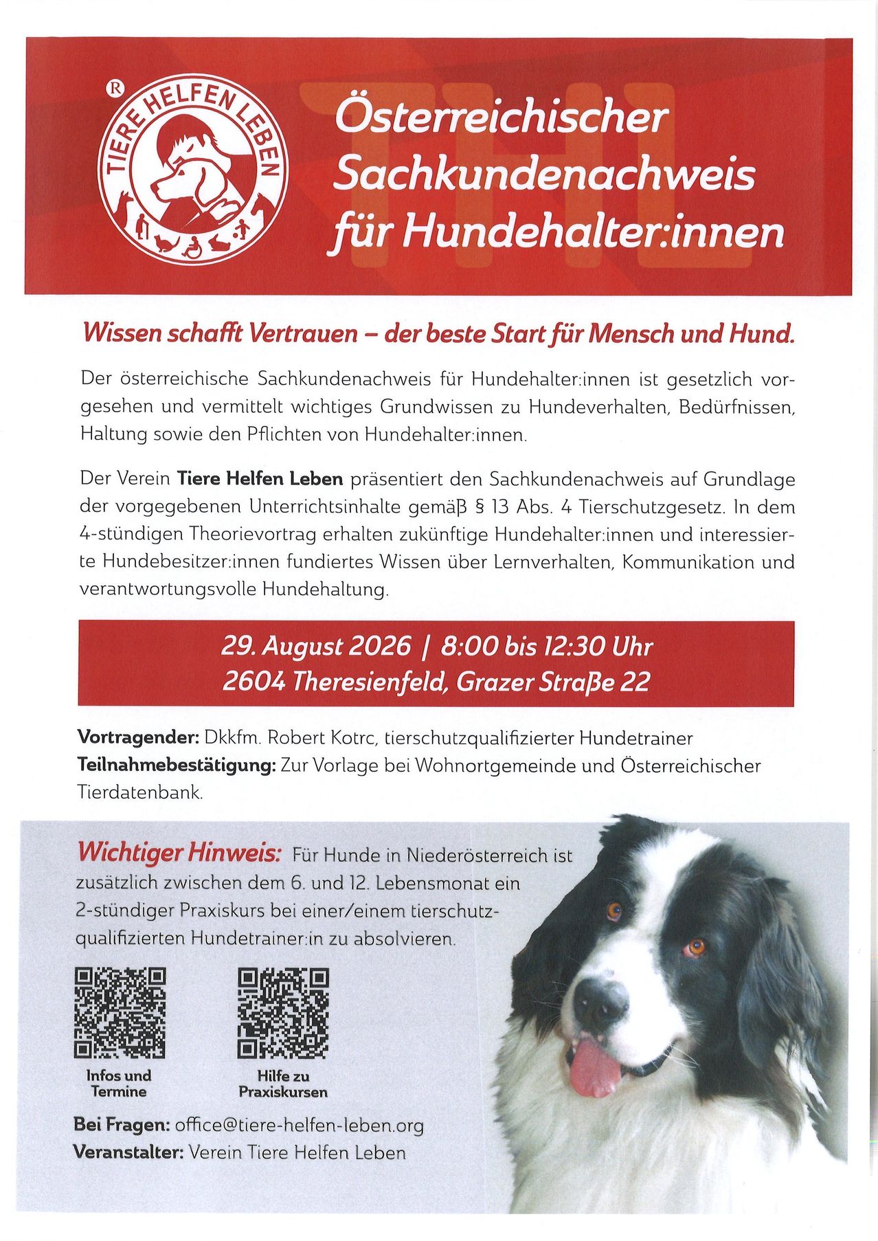 Ein Flyer für einen Sachkundenachweis für Hundehalter in Österreich. Es enthält Details zum Kurs, Datum, Uhrzeit und Ort. Es wird auch auf die Bedeutung des Hundetrainings und die Notwendigkeit eines 2-stündigen Praxiskurses hingewiesen.