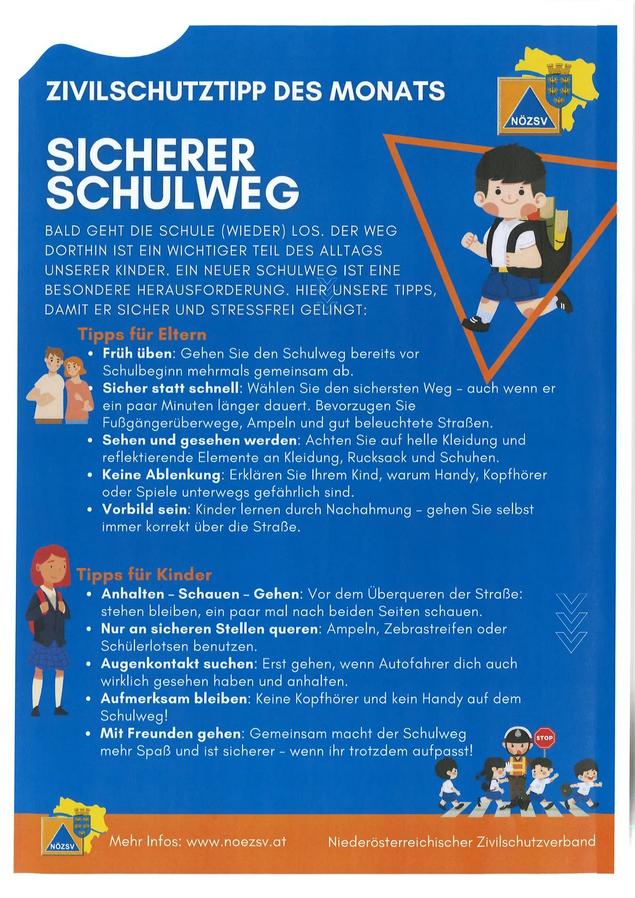 Ein Lehrposter mit einem Jungen, der zur Schule läuft, bietet Sicherheitstipps für Eltern und Kinder. Es betont die Bedeutung der Wahl eines sicheren Weges, das Tragen reflektierender Kleidung und das Vermeiden von Ablenkungen beim Überqueren der Straße.