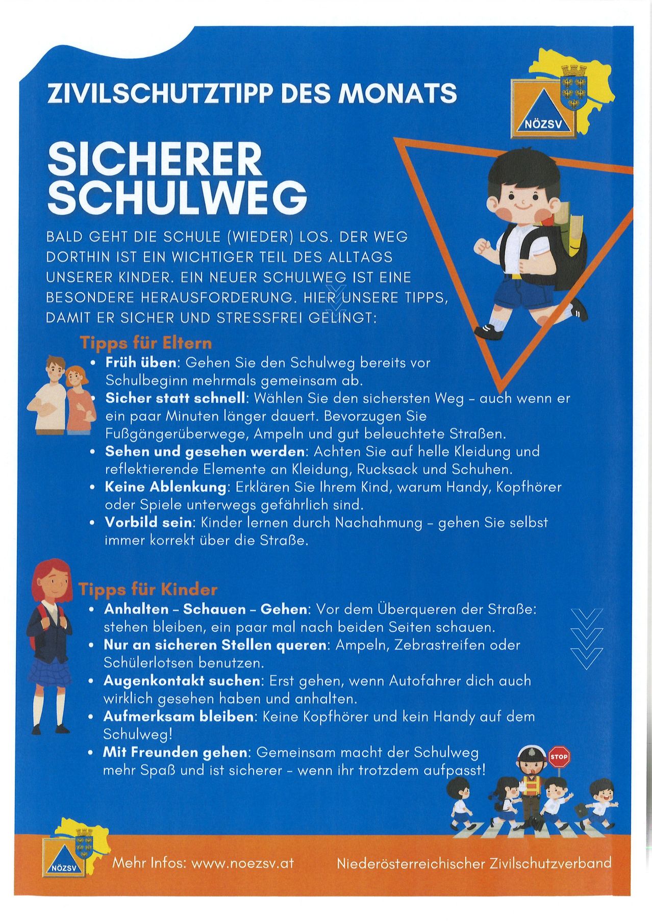 Ein Lehrposter mit einem Jungen, der zur Schule läuft, bietet Sicherheitstipps für Eltern und Kinder. Es betont die Bedeutung der Wahl eines sicheren Weges, das Tragen reflektierender Kleidung und das Vermeiden von Ablenkungen beim Überqueren der Straße.
