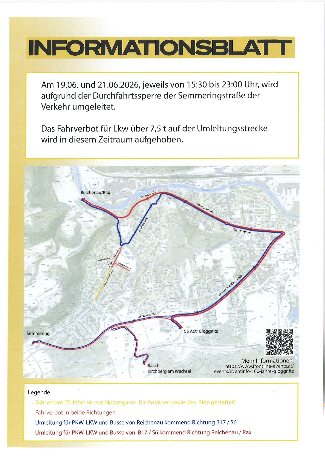 Das Bild zeigt eine Karte mit dem Text, dass der Verkehr am 19.06. und 21.06.2026 von 15:30 bis 23:00 Uhr aufgrund der Sperrung der Semmeringstraße umgeleitet wird. Das Fahrverbot für Lkw über 7,5 t auf der Umleitungsstrecke wird in diesem Zeitraum aufgehoben.