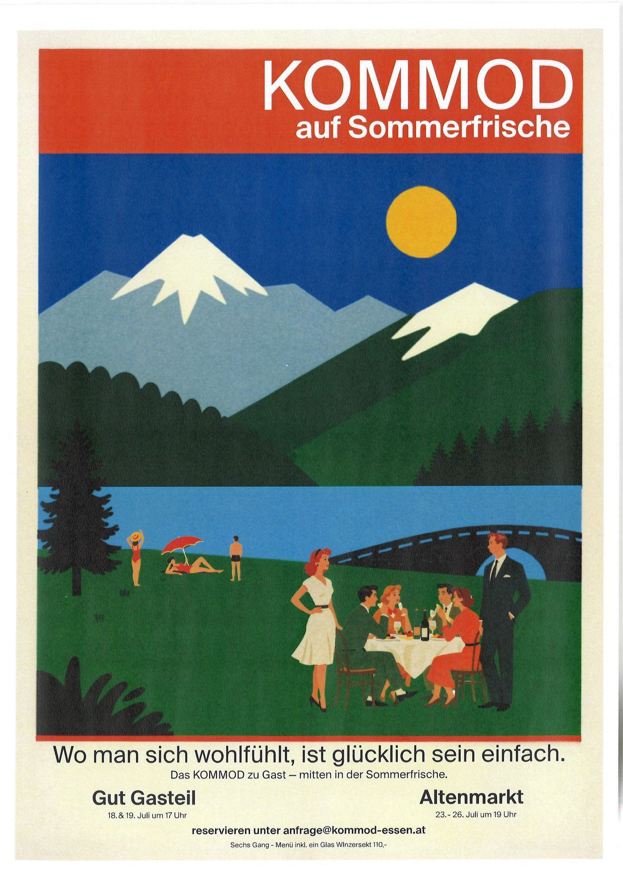 Ein Poster zeigt eine malerische Landschaft mit Bergen, einem See und Menschen, die die Natur genießen. Im Vordergrund hat eine Gruppe von Menschen ein Picknick. Die Sonne geht am Horizont unter.