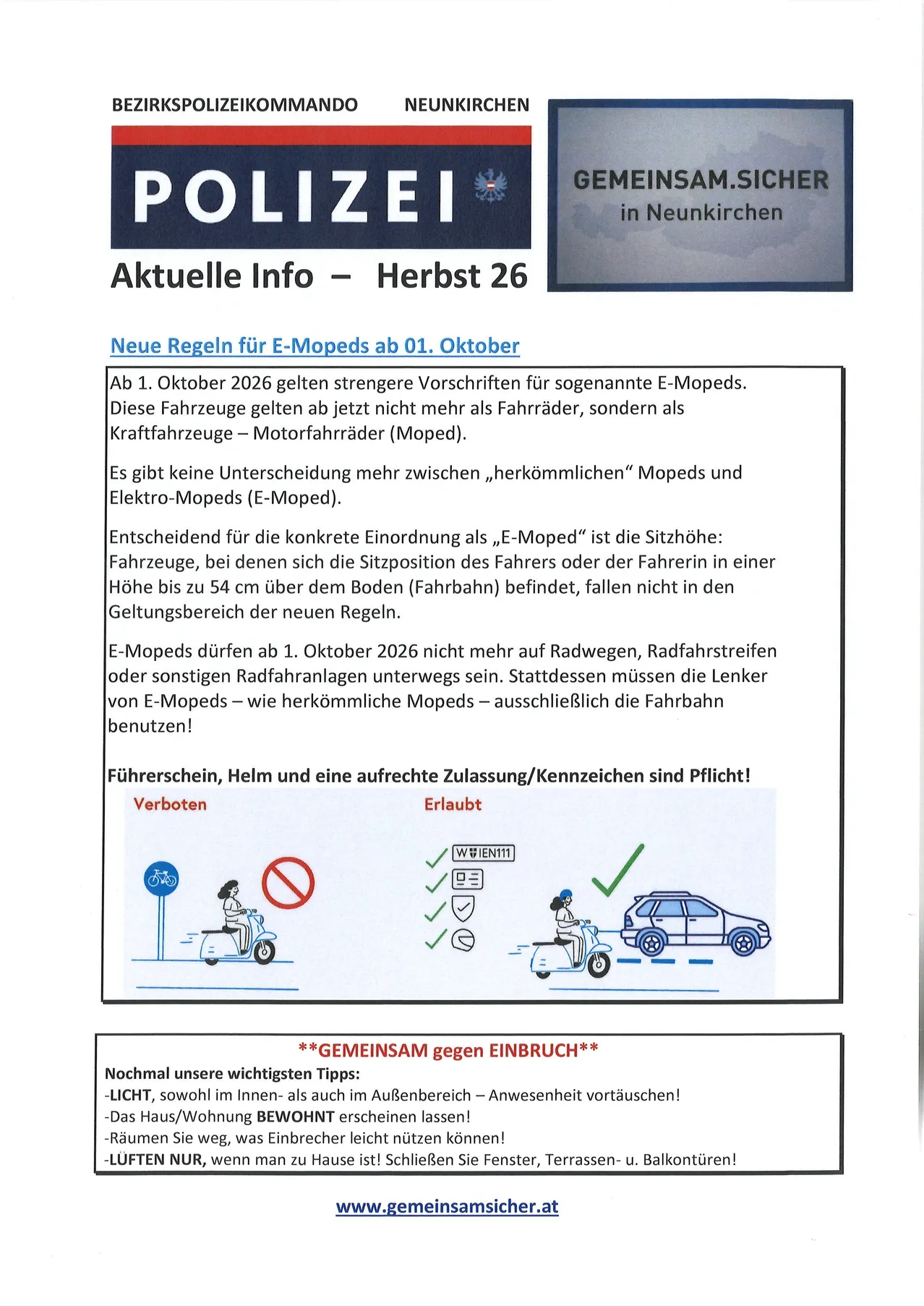 Ein Flyer der Polizei von Neunkirchen informiert über neue Vorschriften für E-Roller ab dem 1. Oktober 2026. Es enthält Details zur Klassifizierung von E-Rollern, Einschränkungen ihrer Nutzung und Sicherheitsanforderungen.