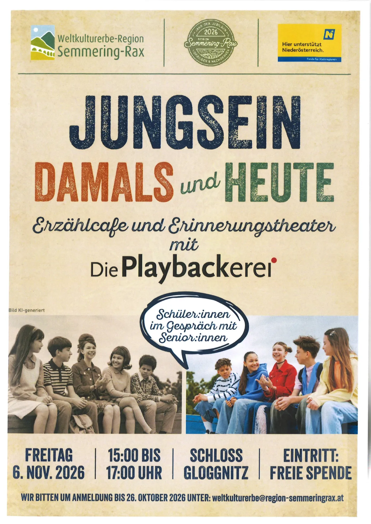 Ein Veranstaltungsposter für Jungsein Damals und Heute, das eine Gruppe von Kindern und jungen Erwachsenen im Gespräch zeigt. Das Poster enthält ein Logo, ein Datum und einen Ort.