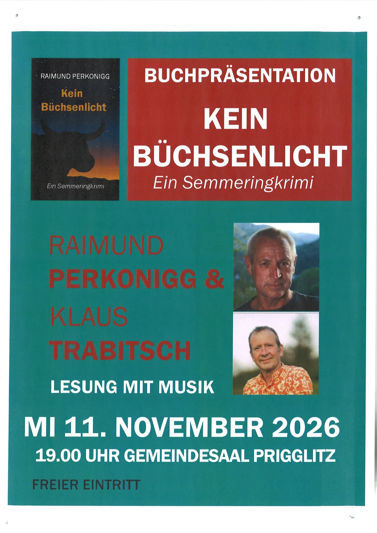 Ein Plakat für eine Buchpräsentation zeigt ein Buchcover, zwei Fotos von Autoren und Details zur Veranstaltung.