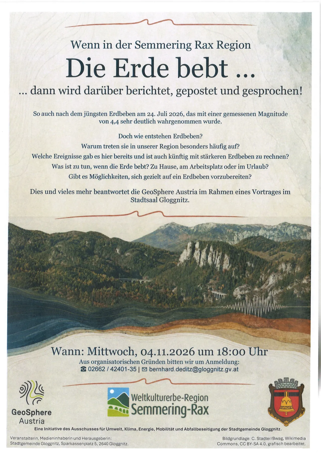 Plakat für einen Vortrag über Erdbeben in der Semering-Rax-Region, Österreich. Es zeigt eine Berglandschaft und Text auf Deutsch.