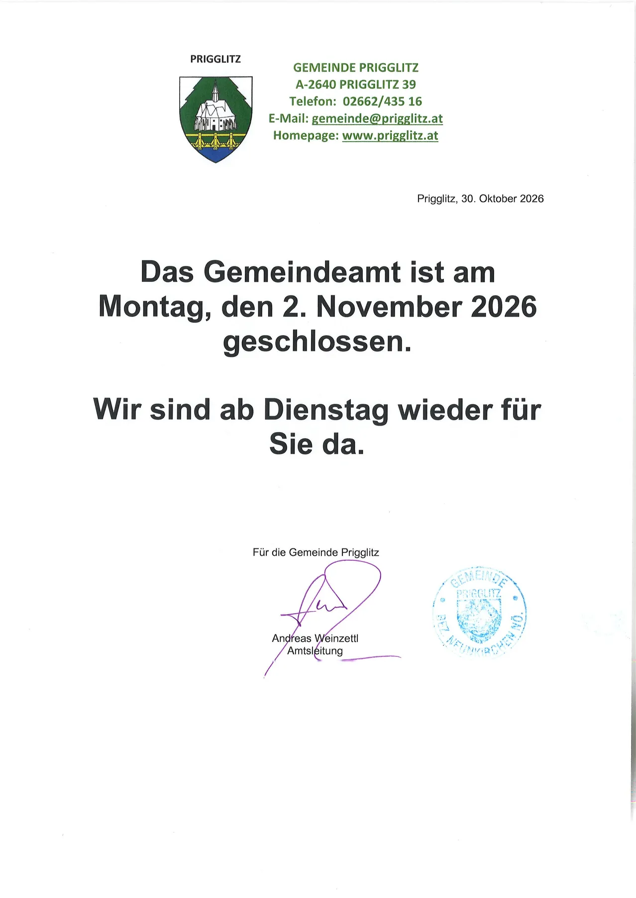 Ein offizielles Dokument der Gemeinde Prigglitz, Österreich, vom 30. Oktober 2026, informiert, dass das Gemeindeamt am 2. November 2026 geschlossen sein wird und am Dienstag wieder öffnet.