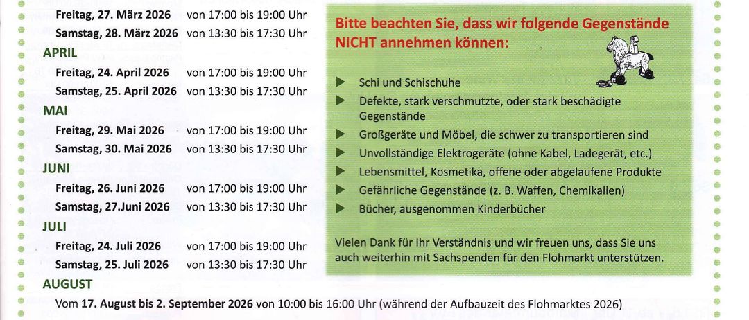 Aktiv FVW. Vielen Dank für Ihre Spenden für den Eichgrabner Flohmarkt. Aufgrund begrenzter Ressourcen nehmen wir keine Spenden mehr an. Von März bis August 2026 sammelt ein Team am letzten Freitag und Samstag. Details und Ausnahmen gelten.