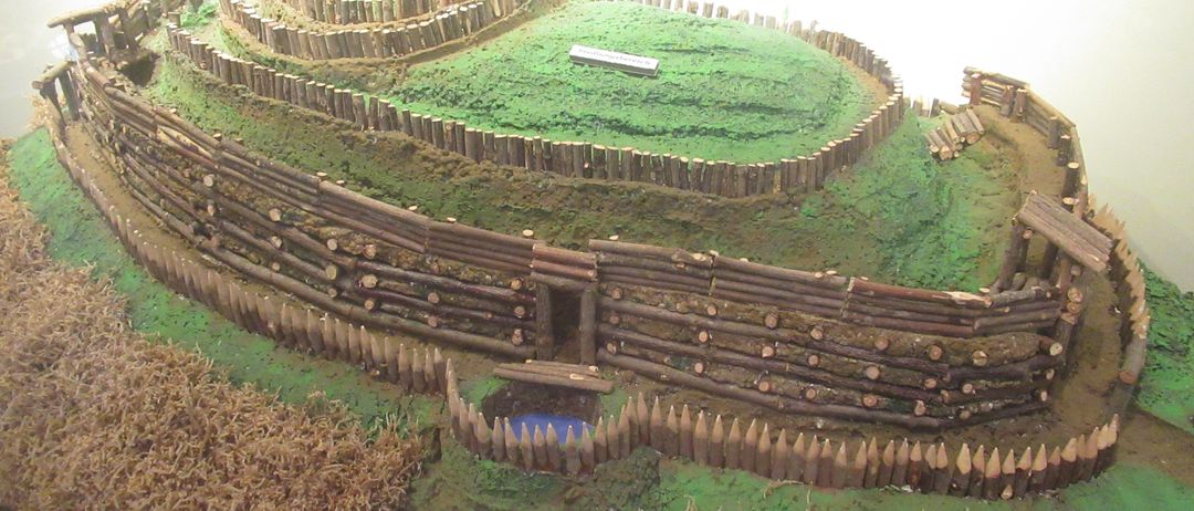 Ein detailliertes Modell einer alten Festung mit Holzmauern, einem zentralen Hügel und einem kleinen Eingang mit einem blauen Objekt in der Nähe. Der Boden ist mit grünem Gras bedeckt, mit braunen Flecken.