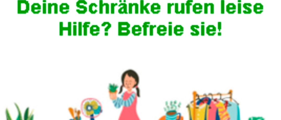 Eine Illustration eines überfüllten Dachbodens mit Text: Sieht Ihr Dachboden aus wie die Kulisse eines Abenteuerfilms? Ihre Schränke rufen leise um Hilfe? Befreien Sie sie!
