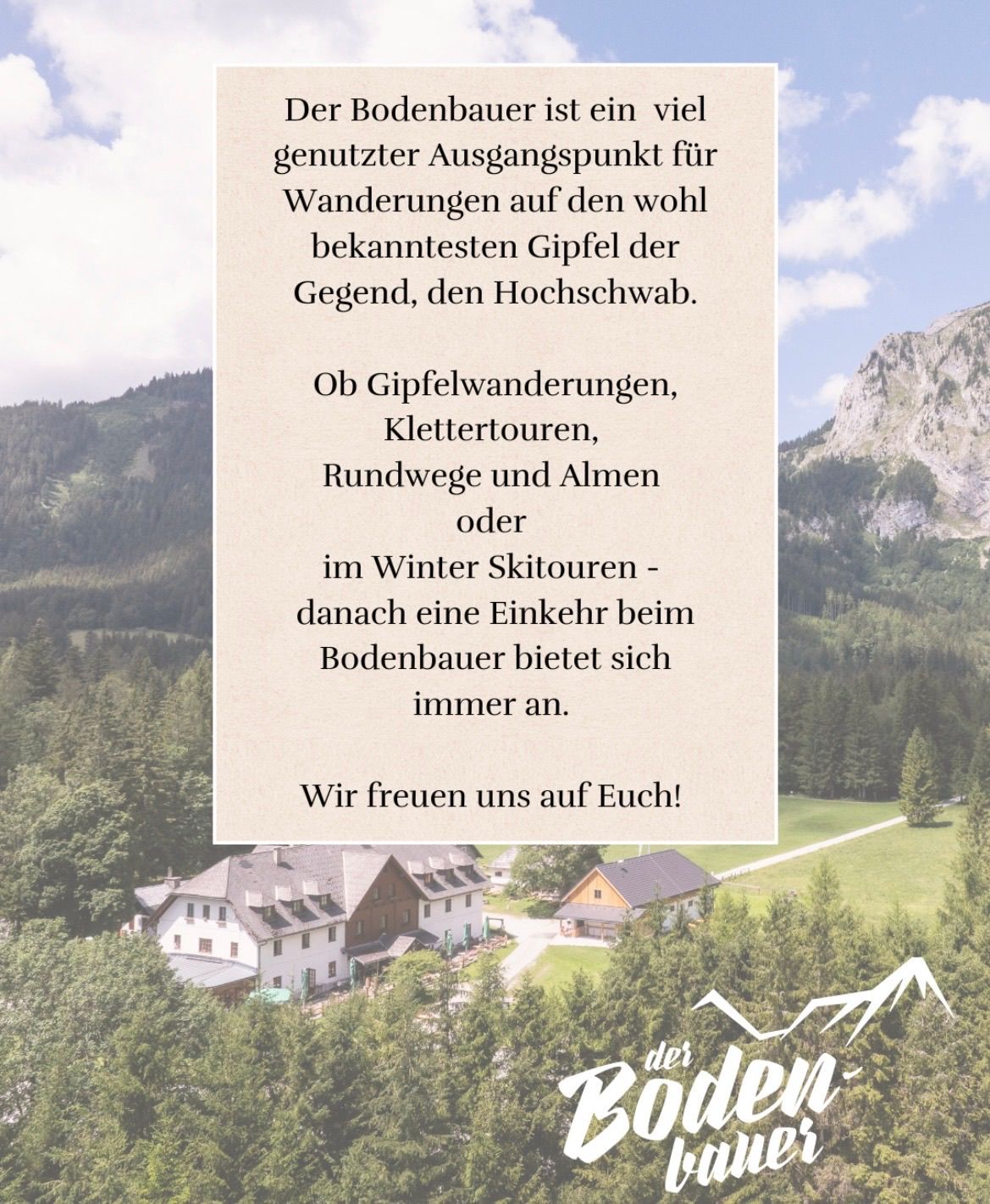 A scenic image of a mountain landscape with a house in the foreground and a text overlay describing hiking and winter activities.