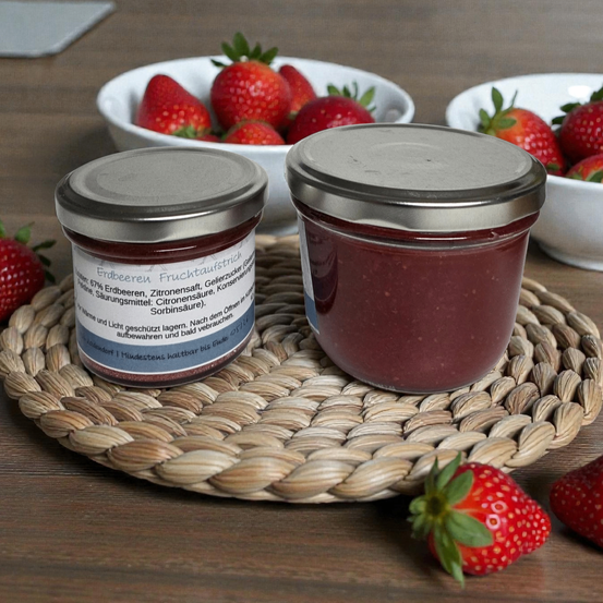 Zwei versiegelte Gläser Erdbeermarmelade auf einem geflochtenen Untersetzer mit ganzen Erdbeeren im Hintergrund. Die Gläser haben Etiketten mit deutschem Text.