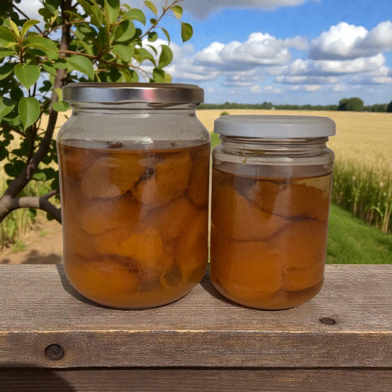 Zwei Glasgläser mit Deckeln stehen auf einer Holzoberfläche. Sie enthalten konservierte Aprikosen in Sirup. Dahinter befindet sich ein Baum und ein Grasfeld unter einem teilweise bewölkten Himmel.